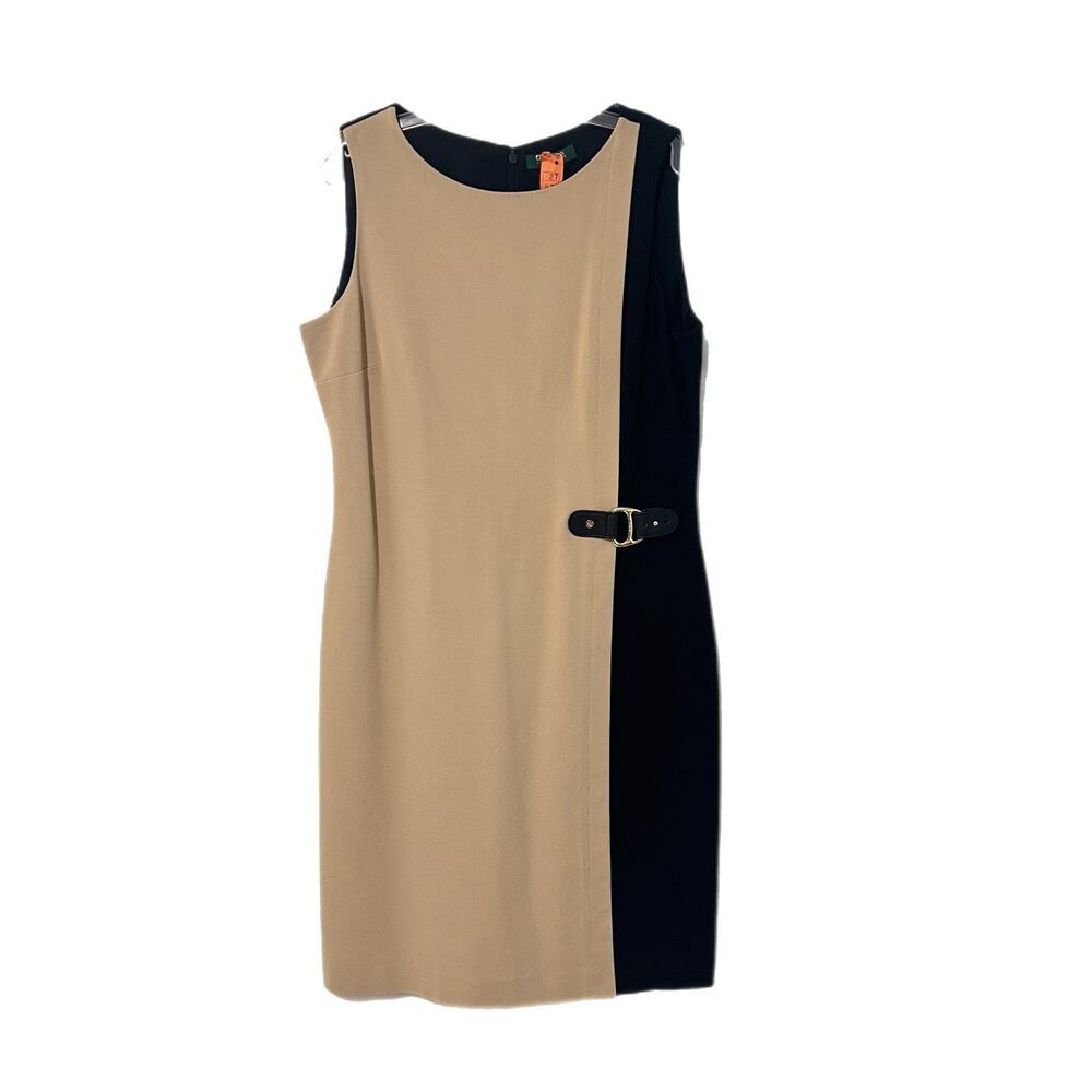 Lauren Ralph Lauren Tan Black Colorblock Buckle Sheath Dress Womens 14 Old Money